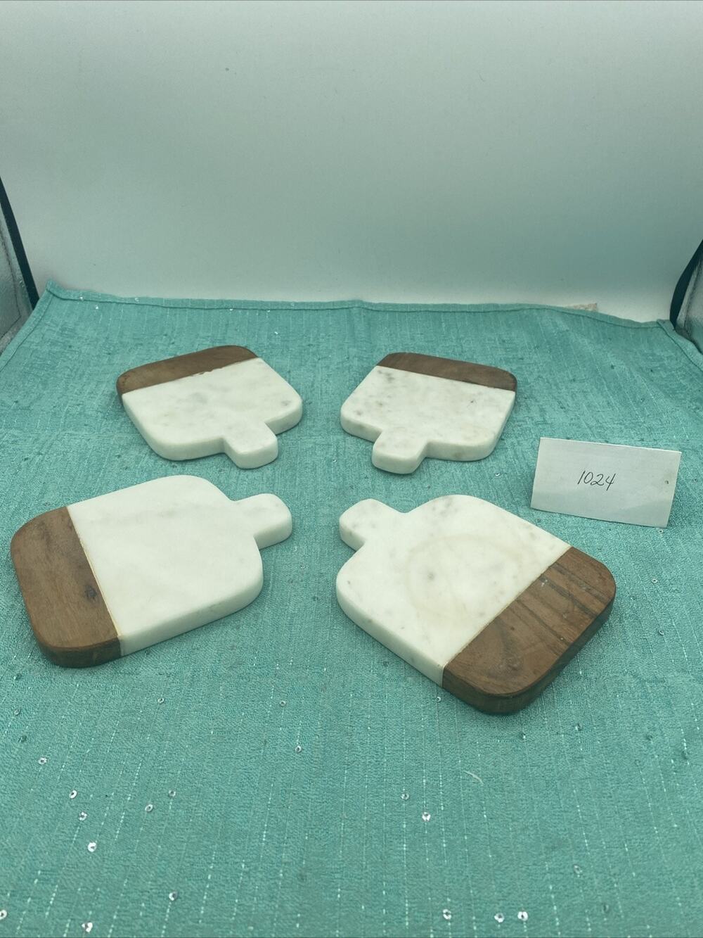 Set Of 4 White Marble And Wood Coasters- 4” X 4”